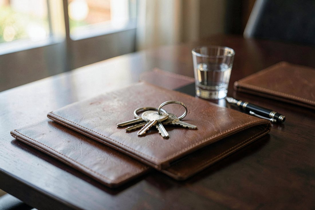 A bunch of office keys on a plain ring resting on a closed brown leather folder on a dark wooden boardroom table, a fountain pen and a glass of water beside it