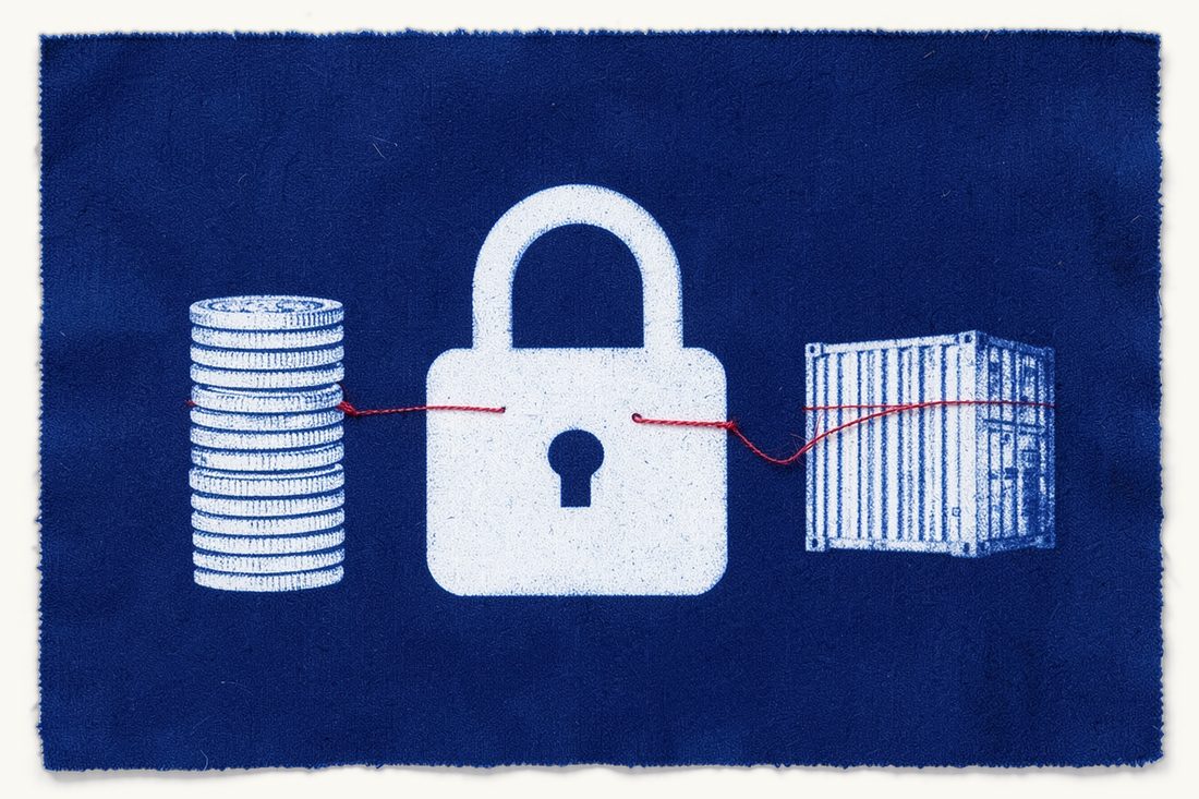 Letter of credit versus advance payment in trade with Türkiye: a large closed padlock holding a stack of coins on one side, linked by a red thread to shipping containers on the other, cyanotype print
