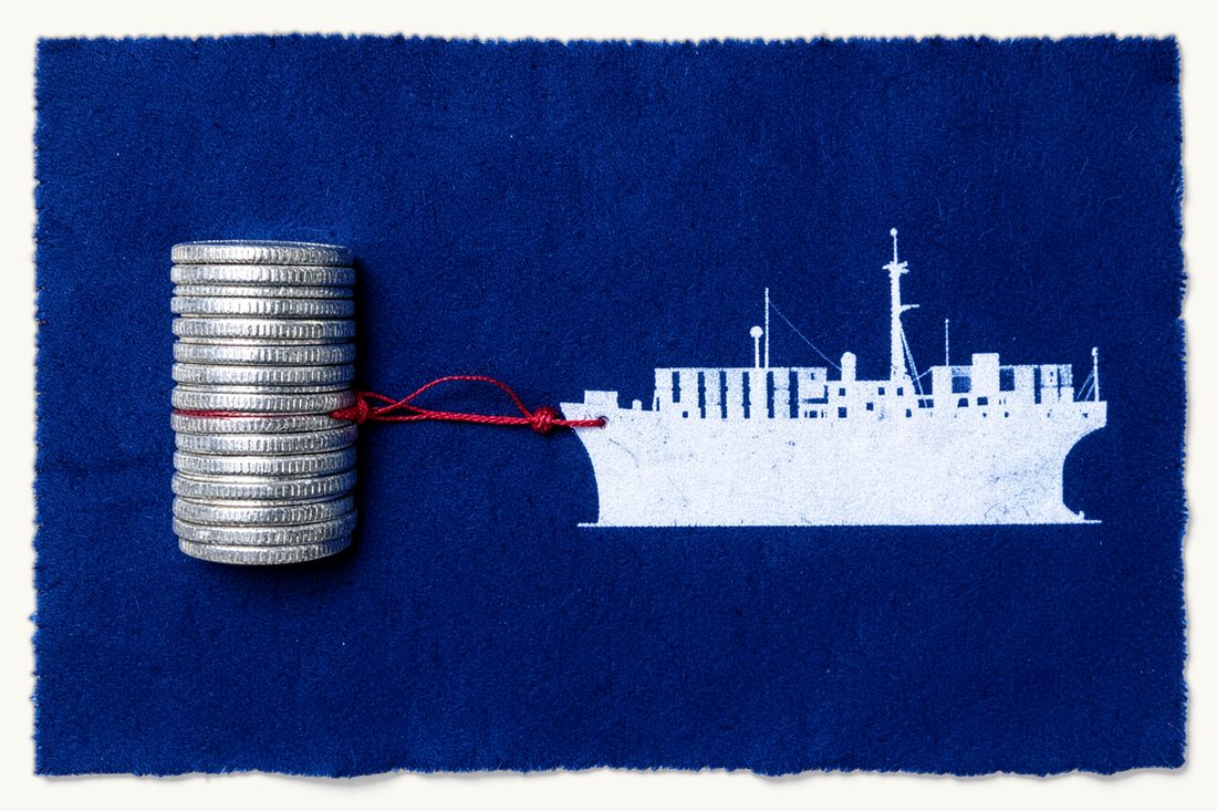 Why letters of credit fail and how to avoid it: a red thread from a coin stack toward a large cargo ship, stopping halfway in a tangled knot