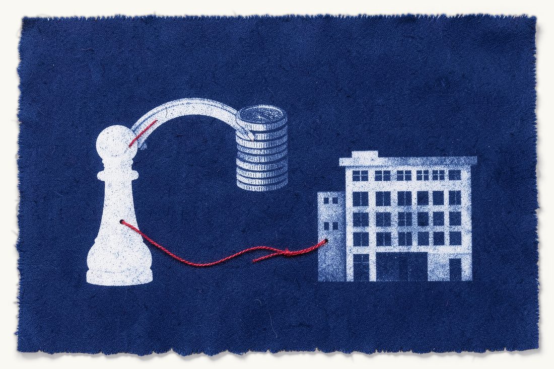 Financer une filiale turque : capital ou prêt d'associé: un pion d'échecs dont le fil rouge repart en boucle par un pont en arc vers une pile de pièces, tandis qu'un second fil finit en nœud à un immeuble de bureaux, cyanotype