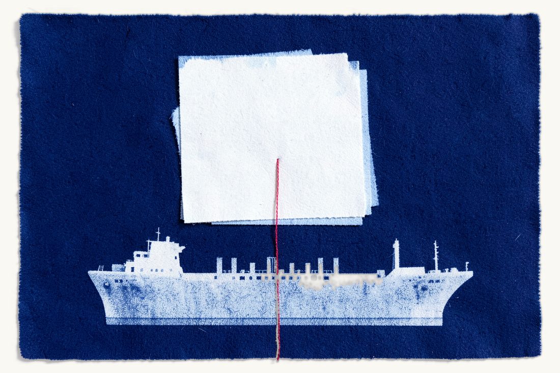 Layers of shipping law in Türkiye: a large cargo ship across the lower half, three blank sheets overlapping above it, a red thread stitched straight down through them to the deck, cyanotype print