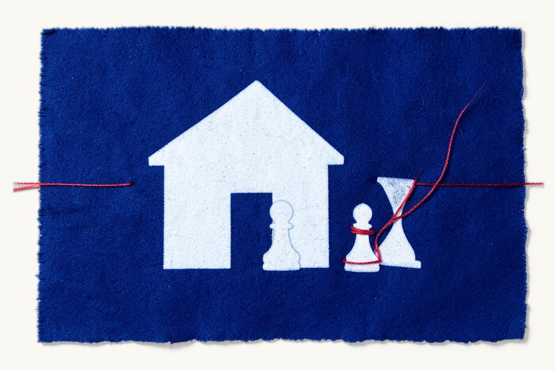 Turkey residence permit guide: a large house with a pitched roof, a chess pawn standing at its door, and an hourglass wound with red thread beside it, cyanotype print