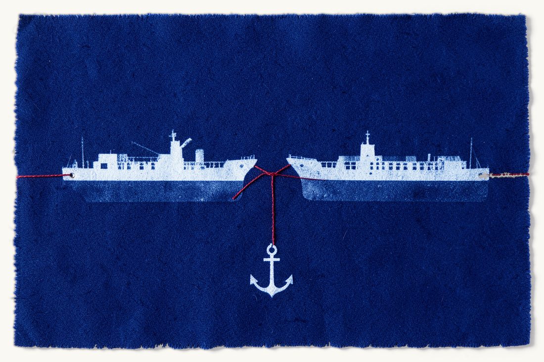 Incidents at sea in Turkish maritime law: two cargo ships meeting bow to bow, the red thread between them broken where they touch, a small ship's anchor lying below, cyanotype print