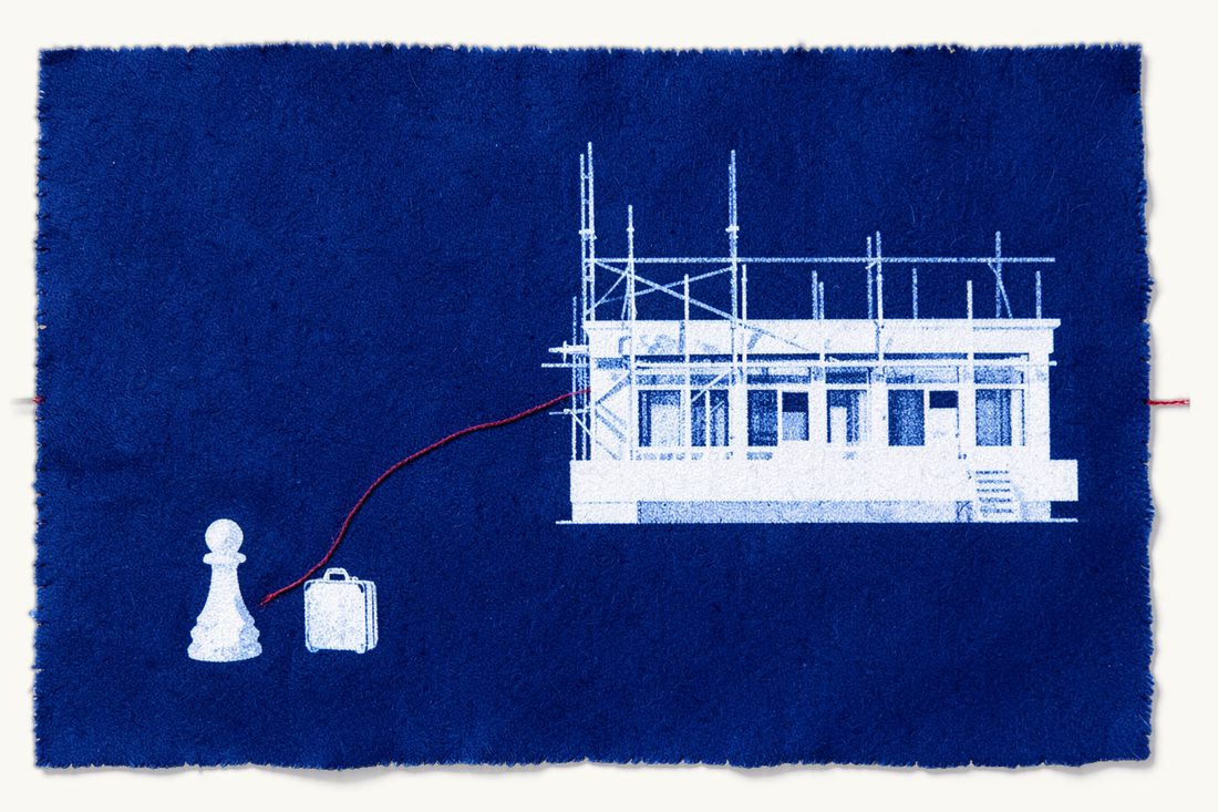 Starting a business in Turkey as a US founder: a pawn with a suitcase at left, a red thread rising as a path into a large office block under scaffolding, cyanotype print
