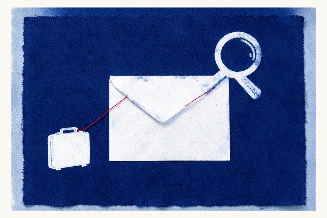 Filing and review of a Turkish work permit application: a large blank envelope under a magnifying glass, linked by a red thread to a small suitcase at the left, cyanotype print