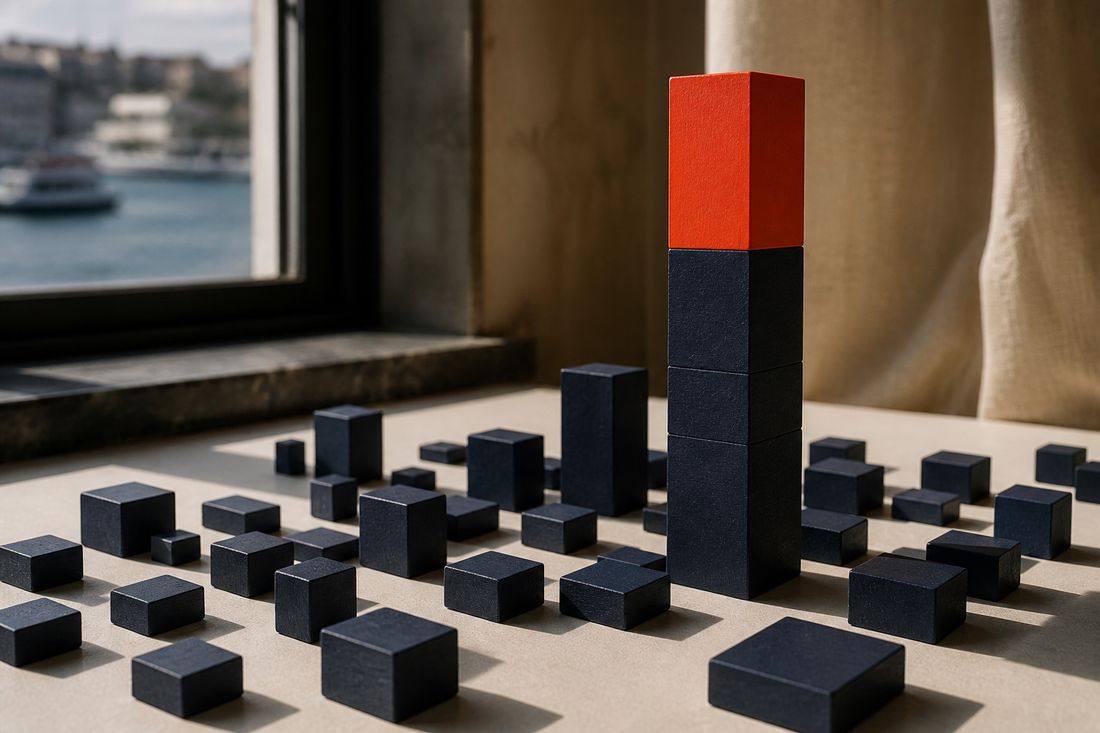 淡色の机に散らばる多数の紺の小ブロック。その中に赤い頂をもつ高い一積み