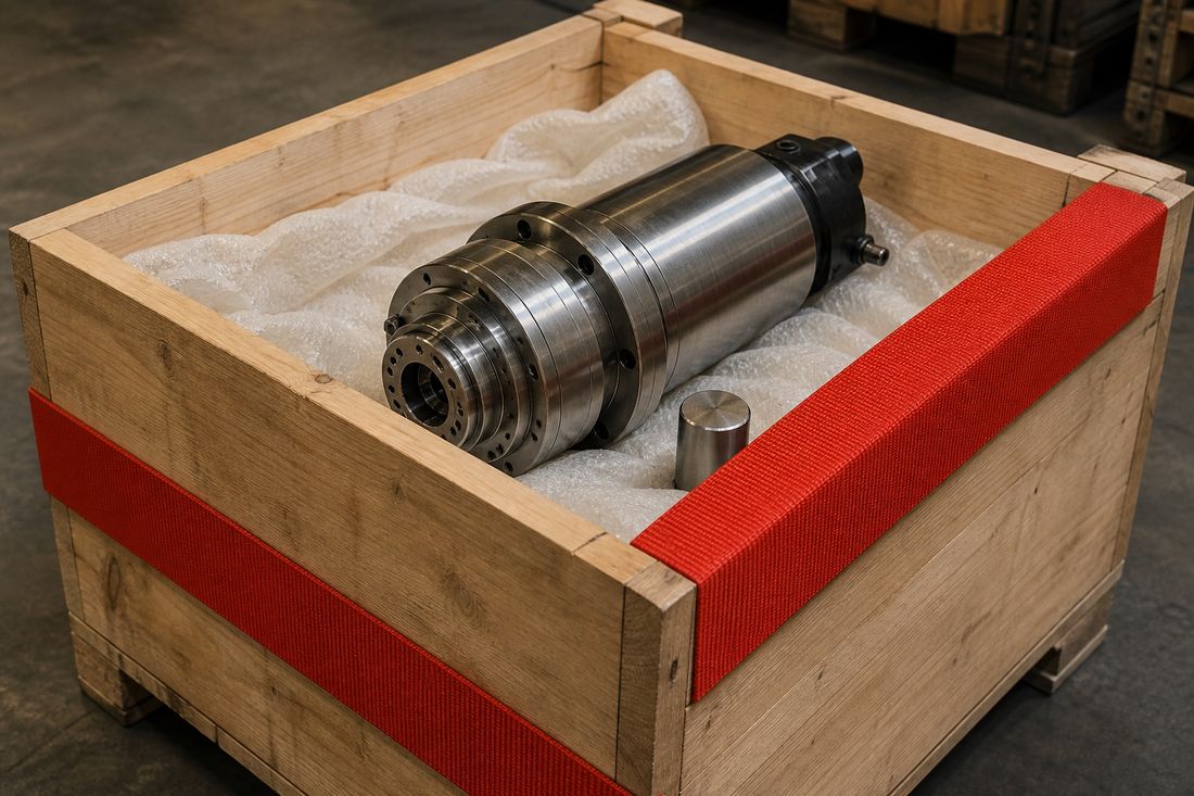 研磨された鋼製の機械スピンドルが緩衝材に包まれ、赤いベルトで締めた開いた木箱に納まっている。背景は倉庫のパレット