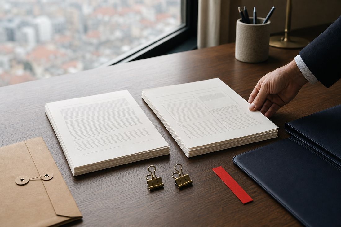 スーツ姿の手が、暗色の机に並ぶ二束の書類の一方を揃えている。かたわらにはクラフト封筒、真鍮のクリップ、赤いしおり