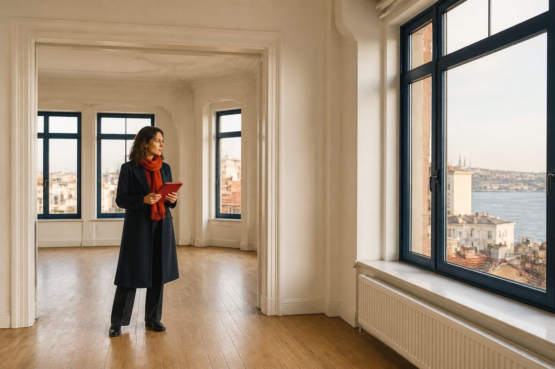 Woman in a dark navy coat and red scarf holding a tablet in an empty cream apartment, looking toward tall windows over the water