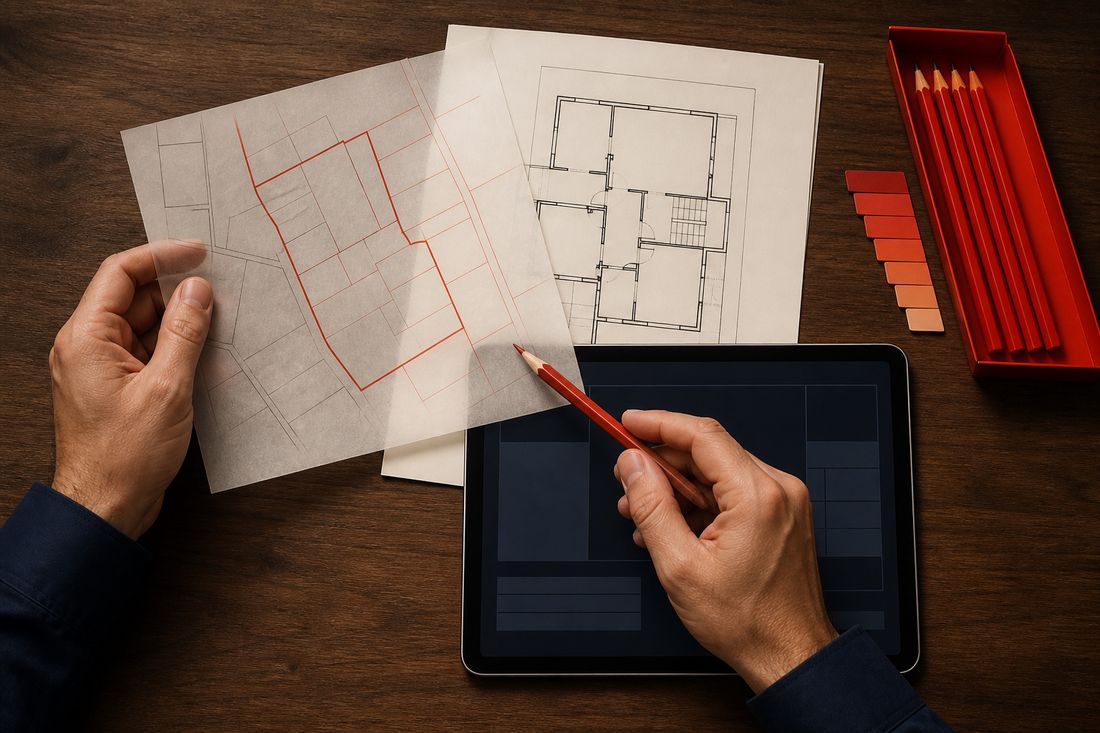 Hands over a dark wood desk comparing a cadastral parcel map with one plot outlined in red against a floor plan and a tablet