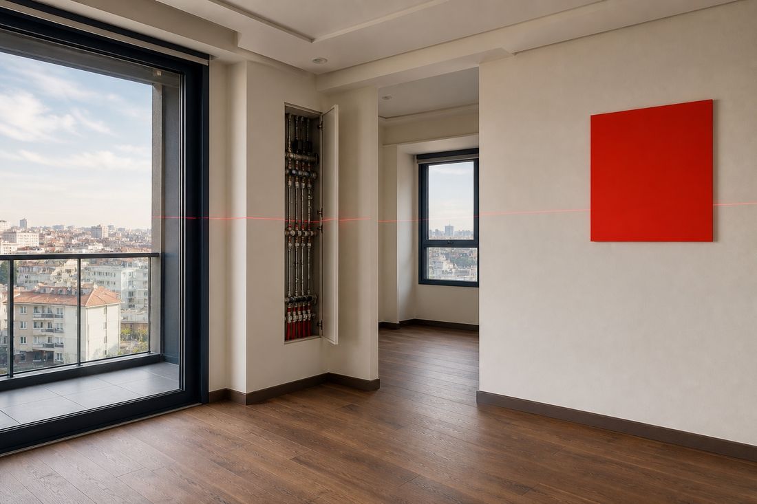Empty apartment with an open wall hatch exposing plumbing pipes, a red laser line running across the walls and a plain red panel
