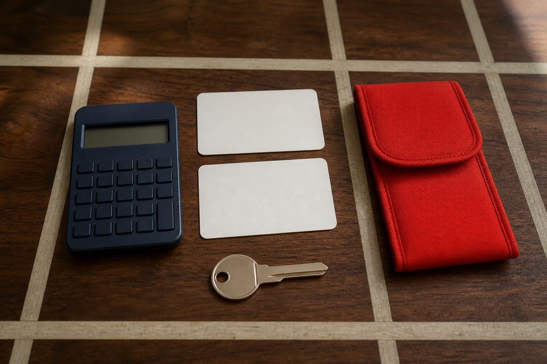 Navy calculator with a blank display, two unmarked cream cards, a brass key and a red fabric pouch laid out on dark wood