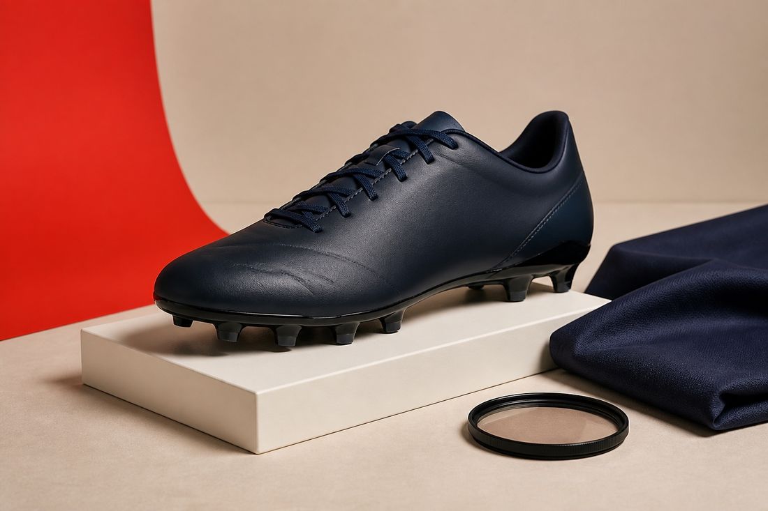 紺色の革製サッカースパイクがクリーム色の台に置かれ、背景は赤い曲面、脇には畳んだ紺の生地とレンズフィルターが並ぶ